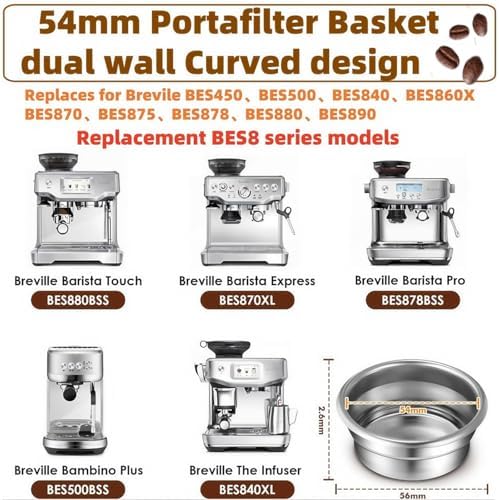 BES860XL Double Cup Dual Wall coffee Filter Basket compatible with Breville BES870/875/880/878/890/500/BES860XL Coffee Machine Pressurized Filter Basket basket Fits various Breville models