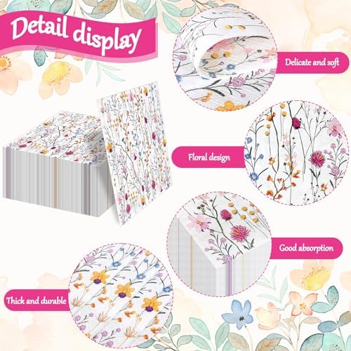Whaline 80 Pcs Flower Paper Napkins Wildflower Luncheon Napkin Disposable Floral Party Decorative Dinner Hand Napkin for Spring Wedding Birthday Party Supplies