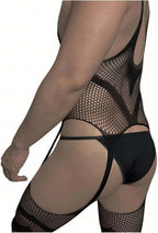 Men's Sexy Lingerie, Fishnet Bodysuit with Cut-Outs, Hollow Design, Black Lace Feminine Underwear