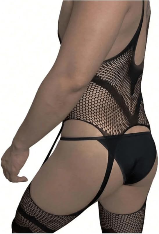 Men's Sexy Lingerie, Fishnet Bodysuit with Cut-Outs, Hollow Design, Black Lace Feminine Underwear