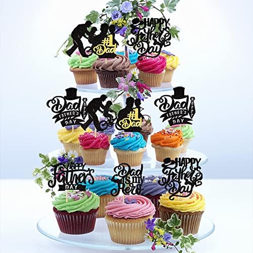 Rsstarxi 24 Pack Happy Father's Day Cupcake Toppers Glitter Dad is My Hero Cupcake Picks Best Dad Love Dad Cake decorations for Happy Father's Day Dad Birthday Party Supplies Black
