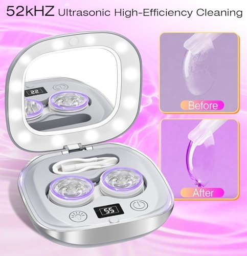 2026 New Ultrasonic Contact Lens Cleaner 52kHZ - Contact Lens Cleaner Machine with 3 Smart Modes & Lighted Makeup Mirror - Portable Soft Contact Lens Cleaning Machine Ideal for Home and Travel
