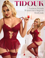 Womens Lingerie Set Sexy Lace Bodysuit with Detachable Mesh Mini Skirt Push up Garter Lingerie Sets(4pcs)