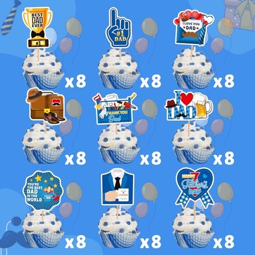 SANNIX 72Pcs Father's Day Cupcake Toppers, Happy Fathers Day Cake Toppers Best Dad Ever Cupcake Picks for Father Day Decorations Birthday Party Cupcake Decorations (9 Design)