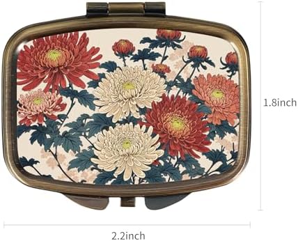 Dynippy Pill Case Pill Box with Mirror Retro Pocket 2 Compartment Medicine Case Vitamin Pill Organizer for Pocket Purse and Travel (Retro- Traditional Chrysanthemums)