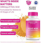 Pink Stork Folic Acid Supplement for Women – 400mcg, Daily Vitamin B9 for Prenatal & Fertility Support, Supports Red Blood Cell Formation & Energy – 30 Vegetarian Capsules
