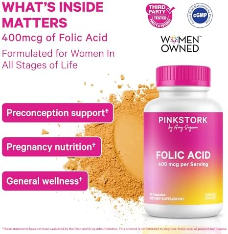 Pink Stork Folic Acid Supplement for Women – 400mcg, Daily Vitamin B9 for Prenatal & Fertility Support, Supports Red Blood Cell Formation & Energy – 30 Vegetarian Capsules
