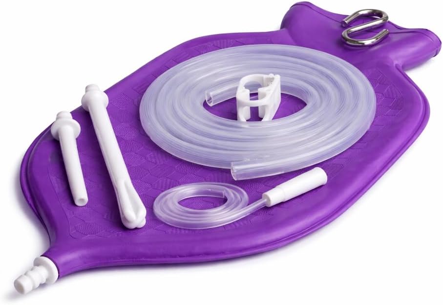 HealthAndYoga™ NaturoFlo Superior Enema Bag Kit with Silicone Tubing Hose and Fittings - 2 Quart Fountain Open top Kit for Fleet Enema and Anal Douche - Purple