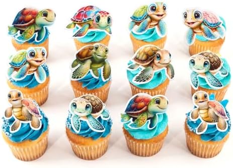 40 PCS Edible Turtles Cupcake Toppers for Baby Wafer Paper Sea Animals Baby Shower Party Picks for Drink Topper Sea Animals Theme Baby Shower Kids Birthday Party Supplies