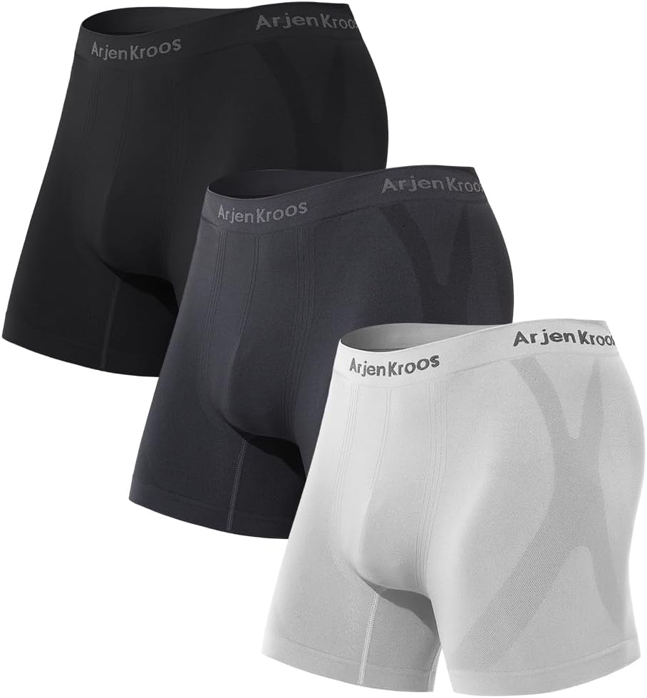 Arjen Kroos Men's Seamless Boxer Briefs 3 Pack,Anti-Chafing Performance Shapewear-Moisture Wicking 4-Way Stretch Underwear
