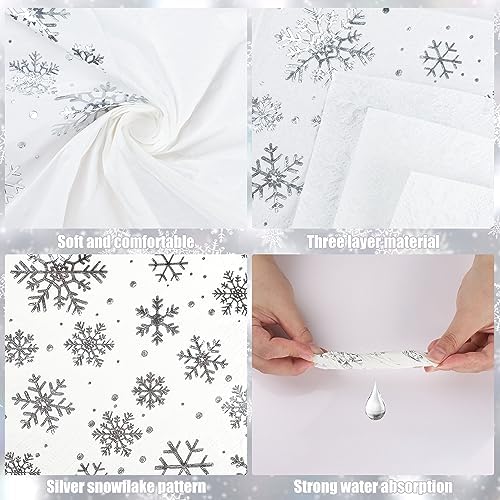 100 PCS Snowflake Paper Napkins Snowflake Cocktail Napkins Silver Foil Snow Disposable Napkins 3-Ply Dinner Party Napkins for Christmas Winter New Year Holiday Dining Party, 5 x 5 Inch