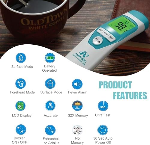 Amplim Hospital Medical Grade Non-Contact No-Touch Forehead Thermometer for Baby and Adults, Touchless Temporal Fever Thermometer, Fast and Accurate Digital Thermometer
