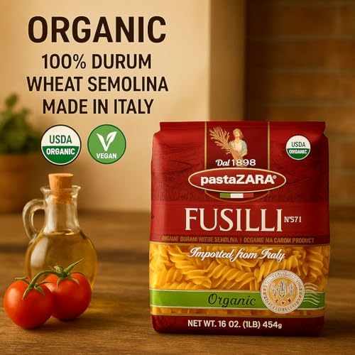 PASTA ZARA - Fusilli - Organic - 100% Italian Pasta, Made with Durum Wheat Semolina Flour, Non GMO, Kosher (1 LB. BAG) - Consistently al Dente.