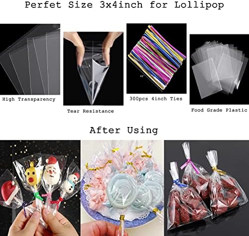 Tecbeauty 600pcs Cellophane Bags Kit-300pcs 3x4 inch Clear Cellophane Treat Bags Cello Cookie Bag, 300pcs Colors Ties for Wedding Birthday Party Favor Gift Packing