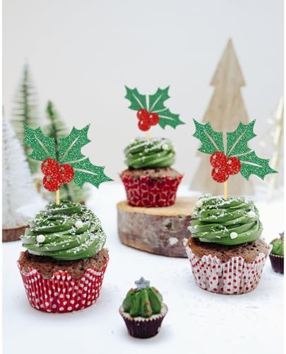 24pcs Christmas Holly Cupcake Toppers, Merry Christmas Cake Decorations Pick for Party, New Year Ceremony Party Cake Decorations Supplies (Holly)