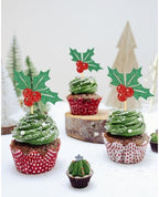 24pcs Christmas Holly Cupcake Toppers, Merry Christmas Cake Decorations Pick for Party, New Year Ceremony Party Cake Decorations Supplies (Holly)