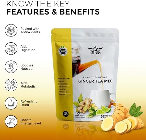 Ginger Turmeric Tea Mix – Refreshing Blend of Decaf Green Tea, Lemon, Licorice, Vitamin C – Caffeine-Free, Vegan, Gut-Friendly Detox Tea - Herbal Powder - 50 Servings
