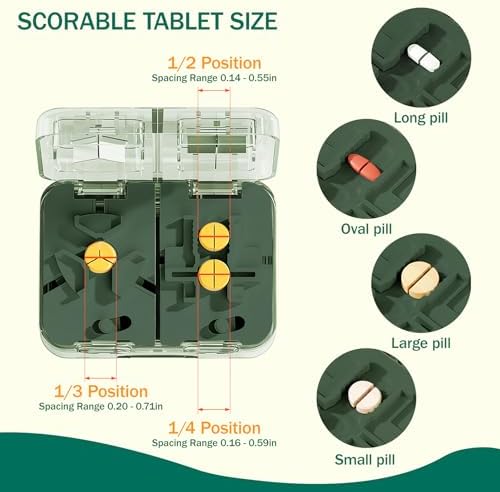 Pill Cutter Splitter for Small and Tiny Pills with Centering Device & Storage Box, 3-in-1 Tool for 1/2, 1/3, 1/4 Pills Splitter, Travel & Daily Organizer for Small and Large Tablets