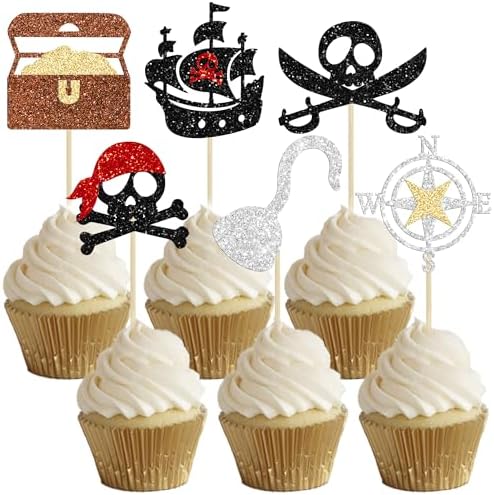Gyufise 24Pcs Pirate Cupcake Toppers Glitter Nautical Sailing Skull Cap Flag Cupcake Picks for Pirate Theme Baby Shower Kids Birthday Party Cake Decorations Supplies