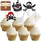 Gyufise 24Pcs Pirate Cupcake Toppers Glitter Nautical Sailing Skull Cap Flag Cupcake Picks for Pirate Theme Baby Shower Kids Birthday Party Cake Decorations Supplies