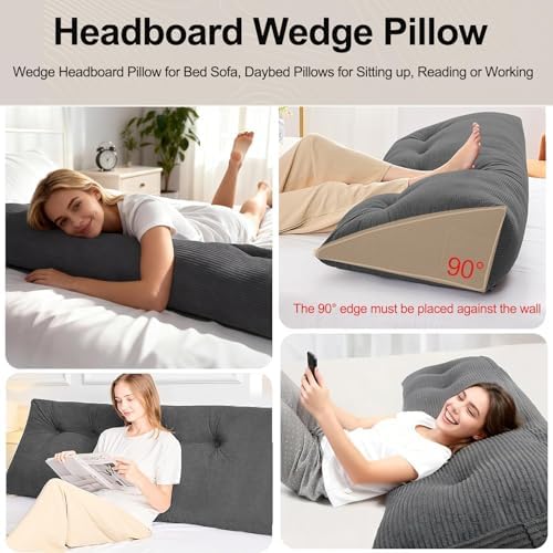 Headboard Pillow Queen, Large Triangular Wedge Cushion with Neck Roll Pillow for Reading Sitting Working, Backrest Positioning Support Bodypillow with Removable Washable Cover for Bed Dorm Sofa