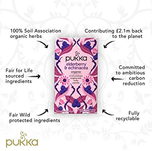 Pukka Organic Tea Bags, Elderberry & Echinacea Herbal Tea, Perfect for Wellness Support, 20 Count (Pack of 3) 60 Tea Bags