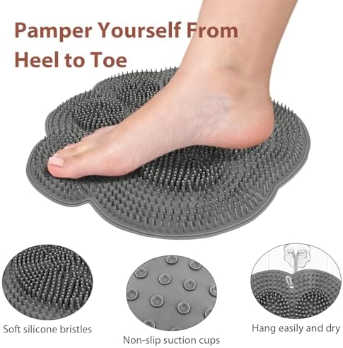 Shower Foot Scrubber Mat, 30x30cm Silicone Feet Cleaner with Strong Suction Cups and Storage Hook for Exfoliating & Washing, Gray