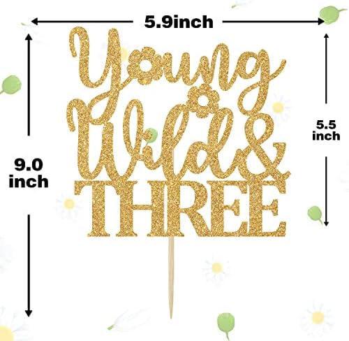 Young Wild and Three Cake Topper, Forest Woodland Campfire Themed Party Cake Decor, Camper 3rd Birthday Party Decorations Supplies (Gold)