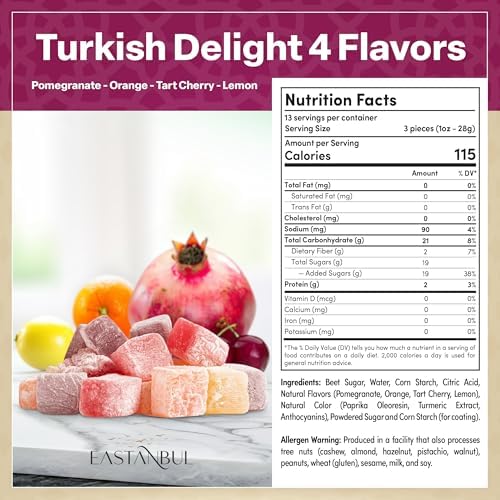 Eastanbul Turkish Delight Candy 21.2oz, 4 Flavors Pomegranate, Orange, Tart Cherry & Lemon Turkish Delights Assorted, Foreign Candy of Turkish Lokum, Turkish Delight Plain, International Candy Box