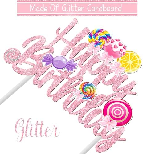 Candy Birthday Cake Topper Lollipop Birthday Party Supplies Pink Glitter Candyland Birthday Cake Decorations for Girl Candy Theme Baby Shower Birthday Party Supplies