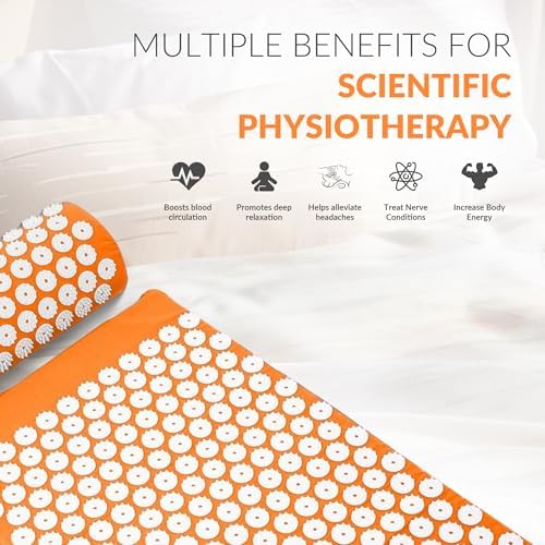 Fitvids Acupressure Mat and Pillow Set for Back/Neck Pain, Acupuncture Products to Relieve Muscle Fatigue, Improve Insomnia for Sedentary People, Acupuncture Eases Stress, Massage Mat, Orange