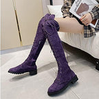 Women's Suede Over Knee High Boots Wide Calf Chunky Low Heel Stretchy Thigh High Boots Fashion Sexy Round Toe Lace Up Winter Long Boot