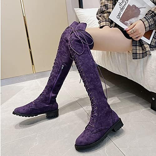 Women's Suede Over Knee High Boots Wide Calf Chunky Low Heel Stretchy Thigh High Boots Fashion Sexy Round Toe Lace Up Winter Long Boot