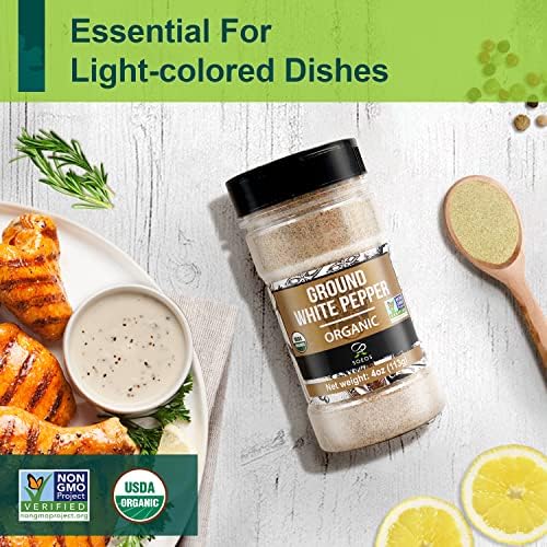 Soeos Organic White Pepper Ground, 4 Ounce, Non-GMO, Freshly Peppercorn Powder Bulk, Packed To Keep Peppers Fresh, Ground White Pepper