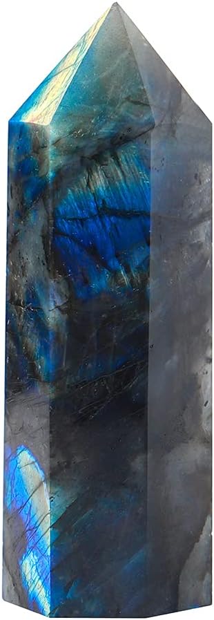 Runyangshi Large Labradorite Healing Crystal Wand 4.72"-5.12" Crystal Tower 6 Faceted Single Point Crystal Prism Wand Natural Quartz Stones for Meditation Reiki Chakra Therapy Home Decor Gift