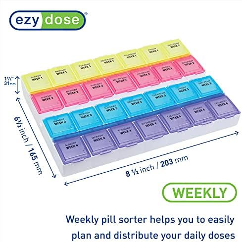 EZY DOSE Monthly (28-Day) Pill Case, Daily Medicine Planner, Vitamin Organizer, Supplement Container, One Month, Large Contoured Compartments, Convenient and Easy to Use, Colored Lids, BPA Free