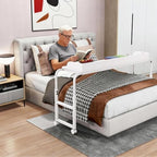 Overbed Table with Wheels, Mobile Bed Table with Adjustable Height Length, Desk for Bed Queen Size with Charging Station and LED Light, Rolling Table for Eating, Laptops, Hospitals
