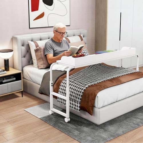 Overbed Table with Wheels, Mobile Bed Table with Adjustable Height Length, Desk for Bed Queen Size with Charging Station and LED Light, Rolling Table for Eating, Laptops, Hospitals