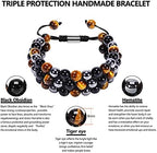 Triple Protection Bracelet, Genuine Tigers Eye Black Obsidian and Hematite 8mm Beads Bracelet for Men Women, Crystal Jewelry Stone Bracelets Gifts for Men Bring Luck Prosperity