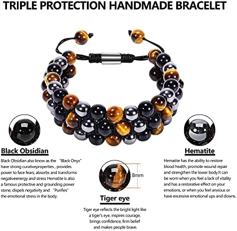 Triple Protection Bracelet, Genuine Tigers Eye Black Obsidian and Hematite 8mm Beads Bracelet for Men Women, Crystal Jewelry Stone Bracelets Gifts for Men Bring Luck Prosperity