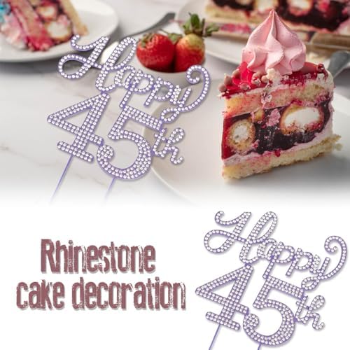 Happy 45th Birthday Decorations,45th Birthday Purple Rhinestone Cake Topper - Cheers to 45 Years Old Bday Party Metal Sparkly Cake Centerpieces Sign.