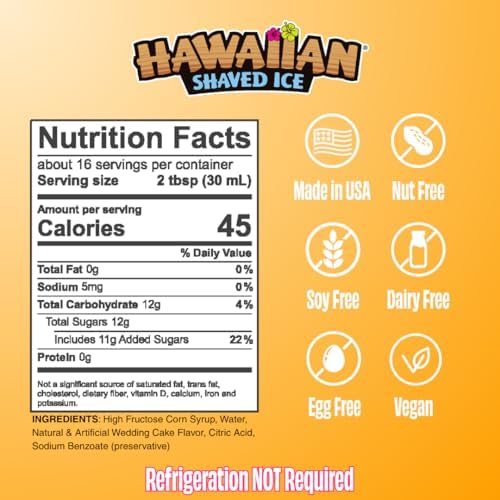 Hawaiian Shaved Ice Wedding Cake Syrup - Nut Soy Dairy Free - Flavor Fluffy & Crunchy Snow Cones - Shelf Stable - Makes 8 Servings - 16 ounces