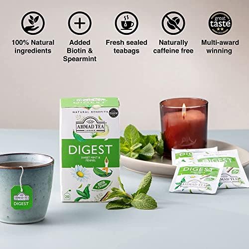 Ahmad Tea Herbal Tea, Sweet Mint, Fennel & Biotin 'Digest' Natural Benefits Teabags, 20 ct (Pack of 6) - Decaffeinated & Sugar-Free