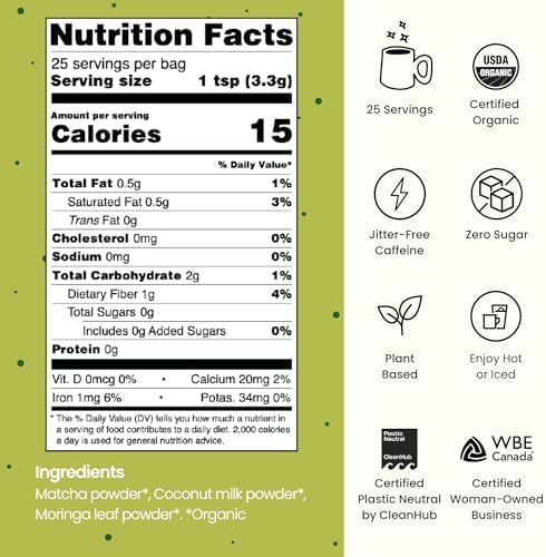 Blume Superfoods Latte - Matcha Powder with Coconut, Natural Caffeine, L-Theanine, All Day Energy & Focus, Sugar-Free, Moringa, Vegan, Organic Matcha Latte from Shizuoka Japan, Green Tea - 25 Servings
