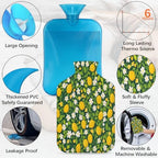Lemon Flower Leaves Hot Water Bottle with Cover 2L Large Hot Water Bag for Menstrual Cramps, Neck and Shoulder Pain Relief, Hot Cold Therapy, Hand Feet Warmer
