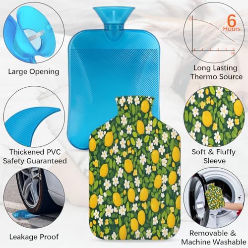Lemon Flower Leaves Hot Water Bottle with Cover 2L Large Hot Water Bag for Menstrual Cramps, Neck and Shoulder Pain Relief, Hot Cold Therapy, Hand Feet Warmer