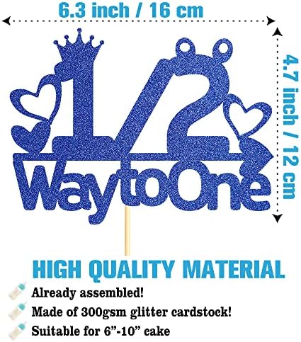 Blue Glitter 1/2 Way to One Cake Topper, 1/2 Birthday Cake Topper, Six Months Cake Topper for Boy Baby's Half Birthday Party, Baby Shower Cake Decorations