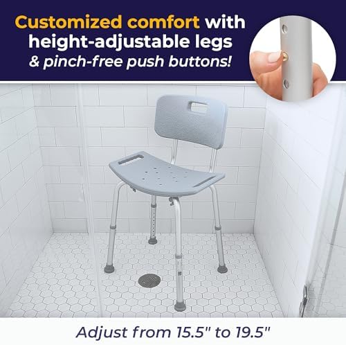 Drive Medical Shower Chair with Back - Adjustable Bathroom Bench - Suction Feet - Lightweight Durable Construction - Comfortable Contoured Seat - Grey