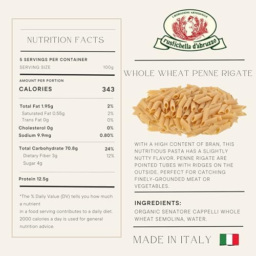 Rustichella d'Abruzzo Whole Wheat Penne Rigate Pasta, Stone-Ground Durum Semolina, High Bran Content, Nutty Flavor, Perfect for Rich Sauces & Baked Dishes, Authentic Italian, 500g, 2-Pack