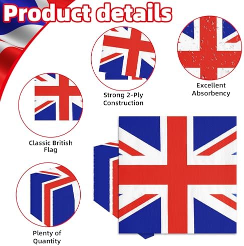 50 Pieces Union Jack Flag Paper Napkins, British Disposable Cocktail Napkins for UK Royal-Themed Celebrations, British Sports Events, King’s Coronation Decor, Afternoon Tea Party Supplies